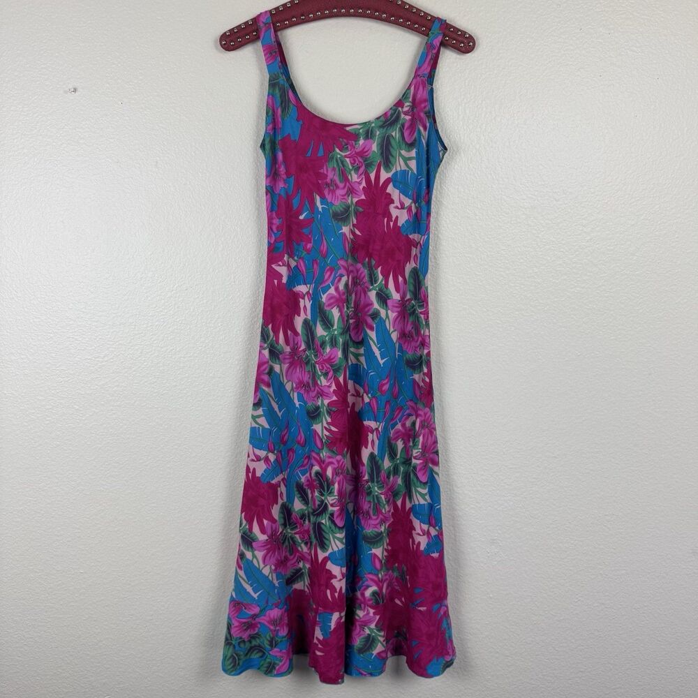 Rainbow Jo Tropical Floral Bias Cut Strap Ruffled Midi Dress Sundress Pink XS